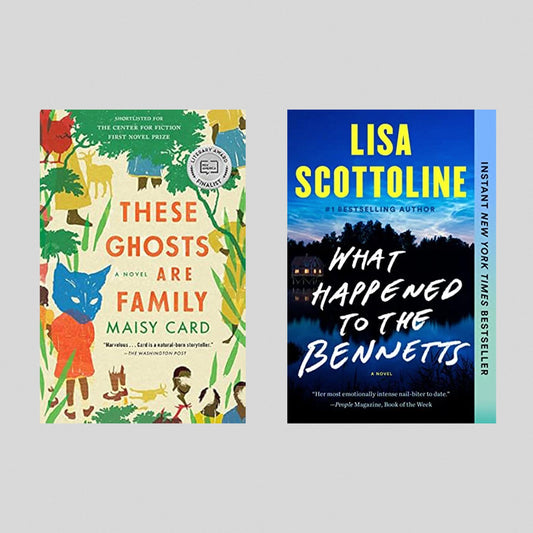 Book covers of These Ghosts are Family by Maisy Card and What Happened to the Bennetts by Lisa Scottoline side by side on a gray background.
