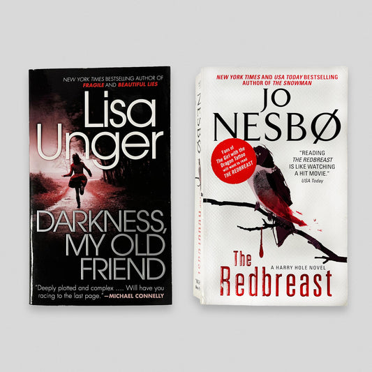 Two book covers, 'Darkness, My Old Friend' by Lisa Unger and 'The Redbreast' by Jo Nesbo, on a light gray background.