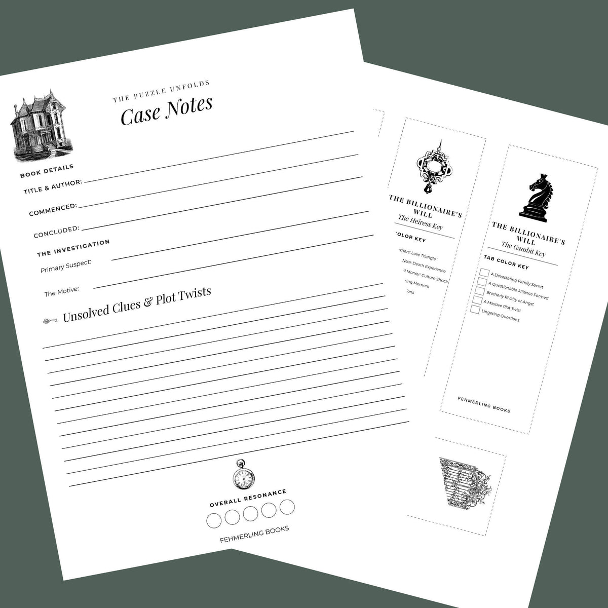 Close-up detail shot of the thriller book tracker and annotation bookmarks, highlighting the printed case notes section, trope checkboxes, and vintage black-and-white graphics.