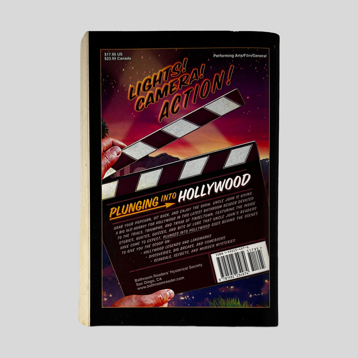 Back cover of Uncle John's Bathroom Reader Plunges Into Hollywood showing back text summary and trivia highlights.